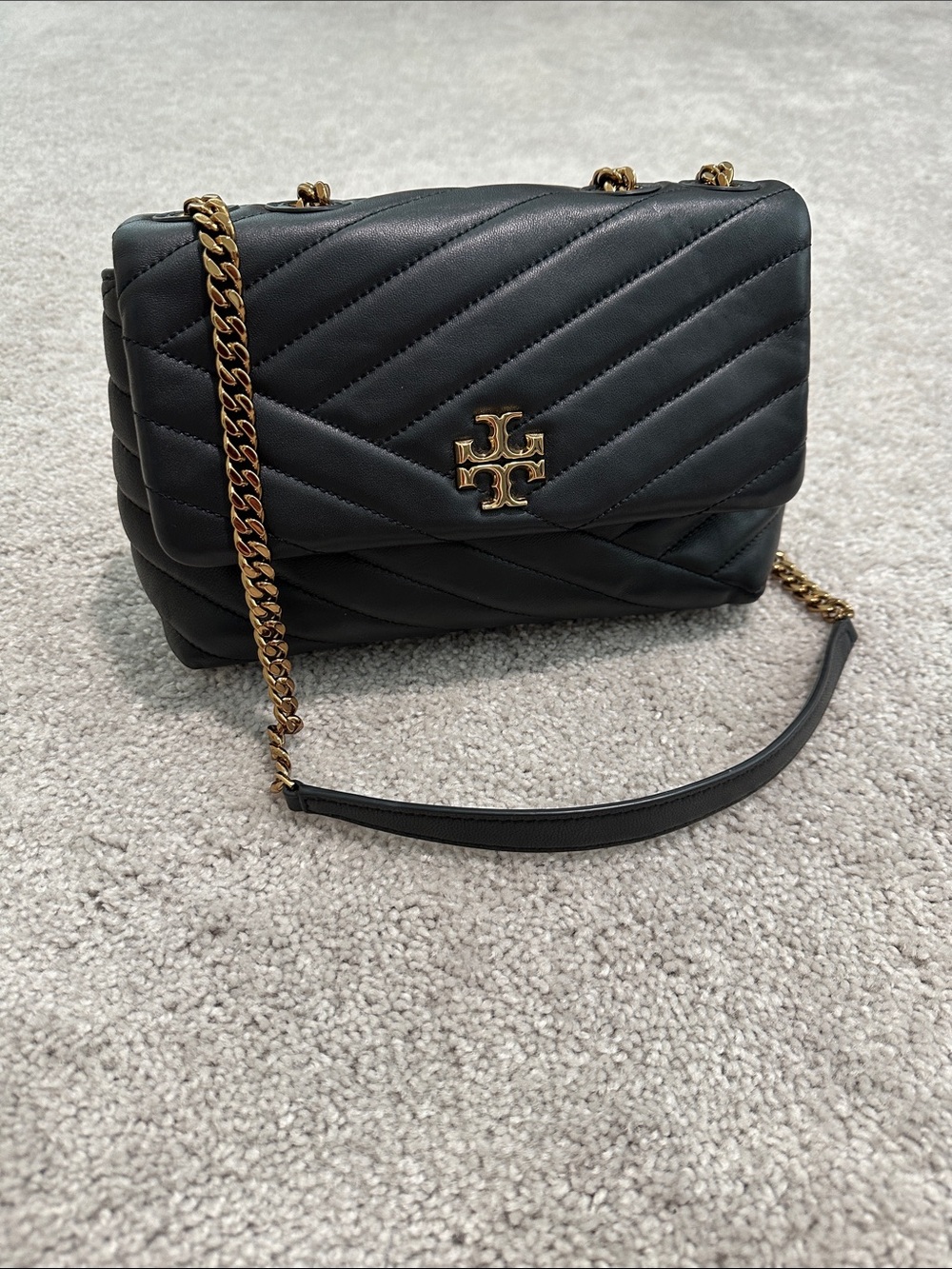 Tory Burch Black Kira Small Quilted Leather Chain Crossbody with Gold Logo